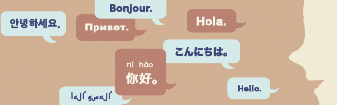 Person with speech bubbles in multiple languages